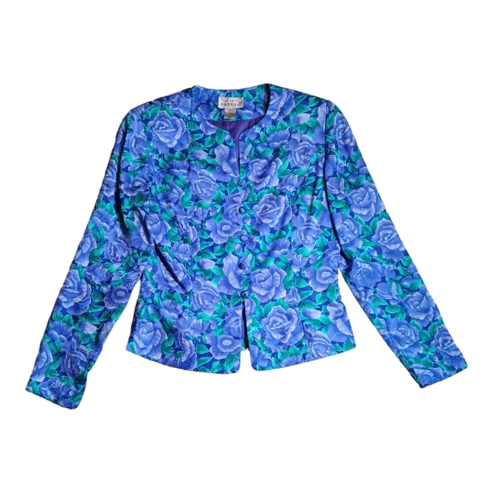 Adrianna Papell Blazer Women's Small 100% Silk Glass Stained Flowers Artsy